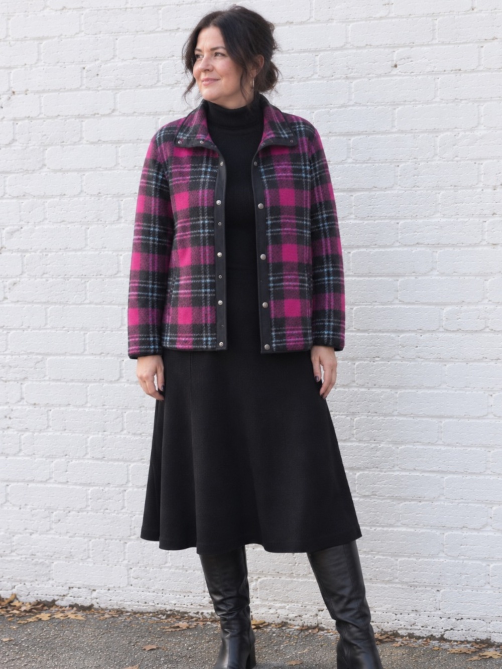 Northern Reflections Pink Black Plaid Fleece Snap Front Jacket Size L